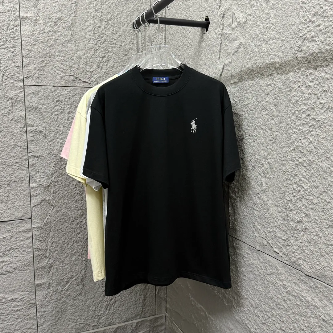 🅿️180 Polo Ralph Lauren 2025 spring and summer new style Classic pony embroidery Customized double yarn plain cotton fabric Short-sleeved T-shirt Uniform for men and women Size: S (90-130 pounds) M (120-150 pounds) L (140-165 pounds) XL (160-180 pounds) XXL (180-210 pounds) Color: Black white